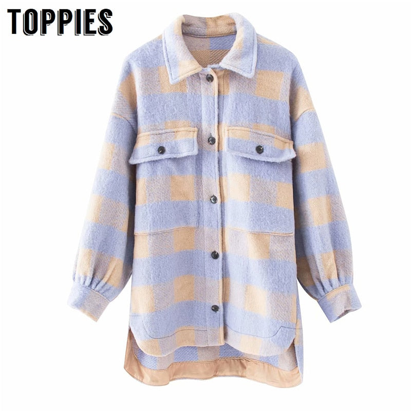 Toppies vintage lattice long jacekt coat women 2020 spring shirt jacket oversized plus size women jacket
